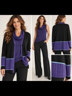 Exclusively Misook Cowl Neck Shell Sweater & Cardigan Set XL Black Button Front